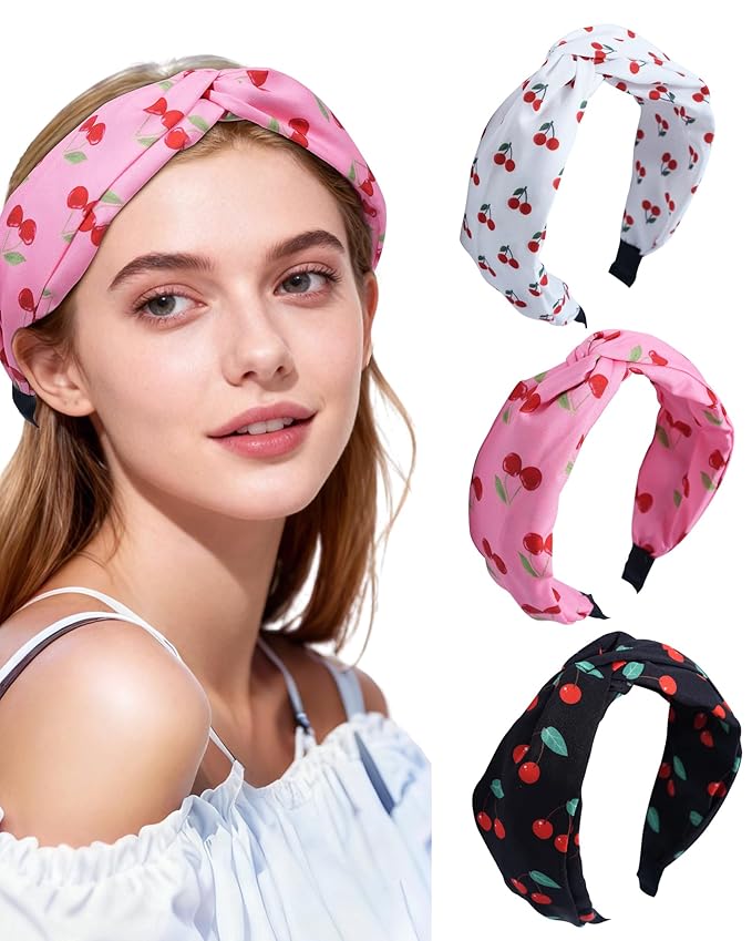 ACECHA 3 Pack Cherry Headbands for Women Girls Fashion, Bunny Ears & Knot Bow Head bands, Stretchy Soft Wide Hair Bands, Cute Hair Accessories Outfits Vacation Gifts Knot Bow A