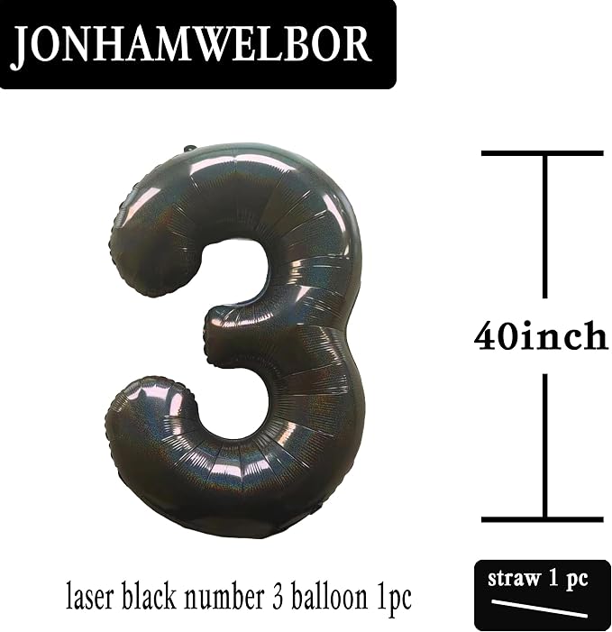 Jonhamwelbor 40 Inch Laser Black Number 3 Balloon Foil Mylar Giant Balloon - Image 2
