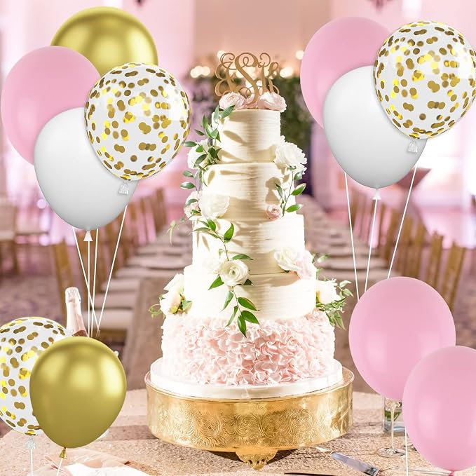 Pink Gold Balloons, 12 Inch Metallic Gold Confetti Balloons Macaron Pink Latex - Image 7