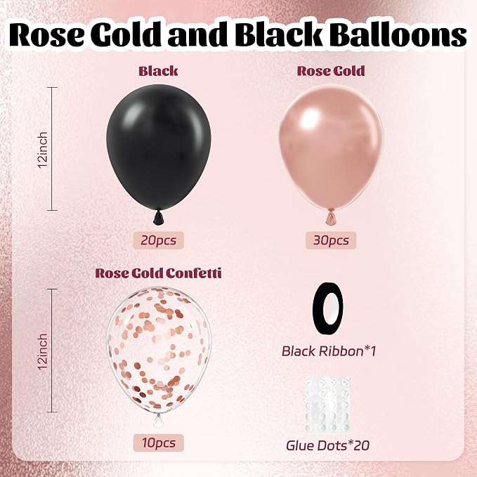 60pcs Rose Gold and Black Balloons 12inch - Image 2