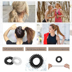 79STYLE 50Pcs Spiral Hair Ties Black Clear Coil Hair Ties Phone Cord Plastic Ponytail Holders Bulk Clear Hair Coils For Women Gris Thin Thick Curly Hair (Black and Transparent)