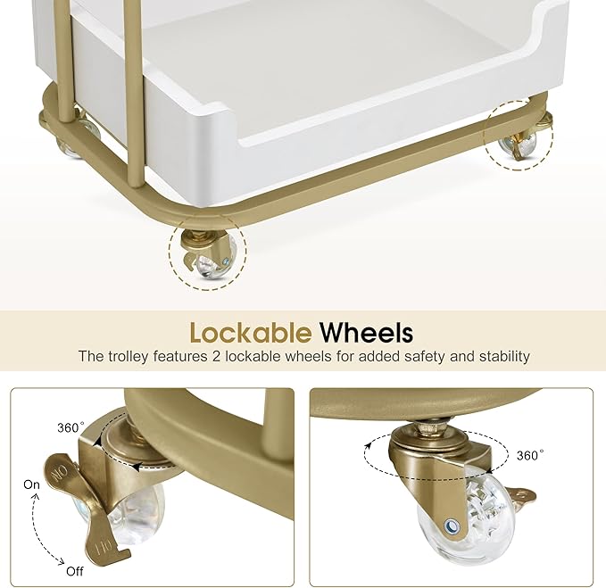 BarberPub Salon Trolley Cart with Lockable Wheels, Stylist Trolley with 3 Shelves, Salon Storage Cart for Beauty Shop, Barber Shop, Spa 2086 (White&Gold)