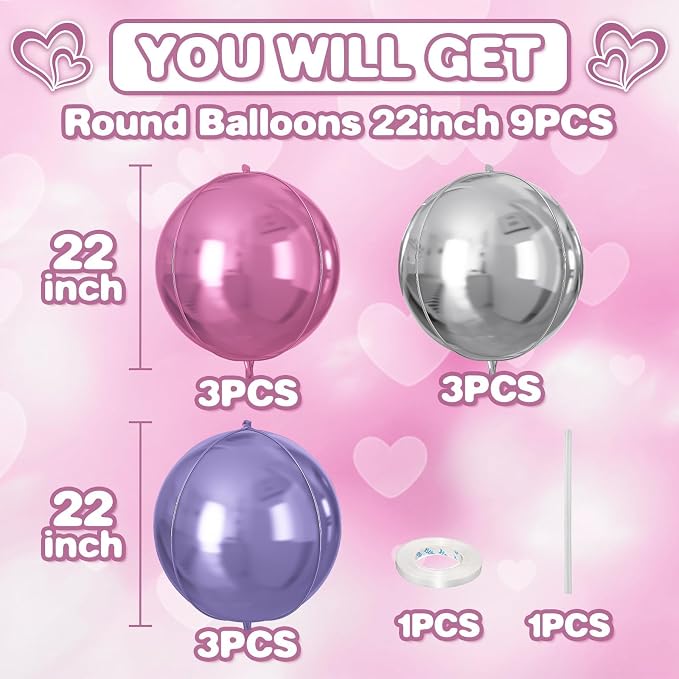 Pink Purple Silver Round Foil Balloons 9 pcs, Metallic Giant 4D Round Balloons - Image 2