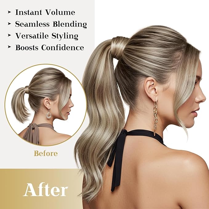 Ve Sunny Hair Extensions Ponytail Real Human Hair Wrap Around Clip in Ponytail Hair Extensions Straight Extensions Human Hair for Women Light Brown Highlights Platinum Blonde 22inch 80G