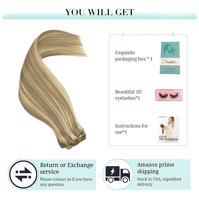 DOORES Human Hair Extensions Clip in, 5pcs 75g Balayage Light Blonde Highlighted Golden Blonde 16 Inch Clip in Hair Extensions Natural Hair Extensions Straight