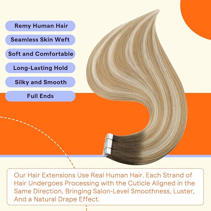 Full Shine Tape in Hair Extensions Ombre Human Hair 20 Inch 50g Real Hair Tape in Extensions Balayage Color 6 Chestnut Brown to 27 Honey Blonde and 60 Platinum Blonde Remy Soft Hair Extensions 20pcs
