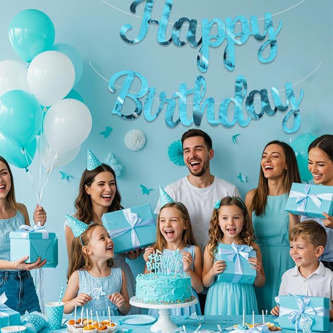 BEISHIDA Bright Lake Blue Happy Birthday Banner Party Decoration NO DIY | - Image 4