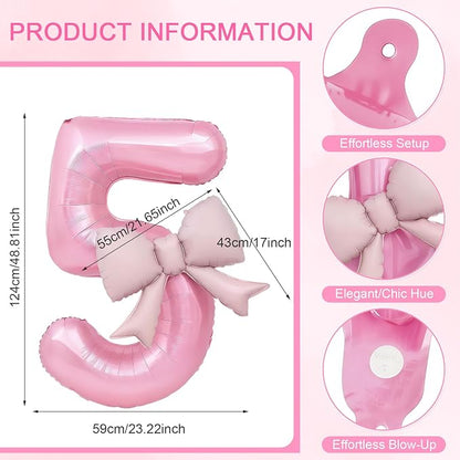 Bow Pink 5 Balloons, 40 Inch Giant Pink Bow Helium Foil Number 5 - Image 2