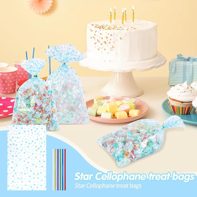 COQOFA 100 Pcs Blue Star 5"X11" Gift Wrap Cello Cellophane Treat Bags Clear - Image 4