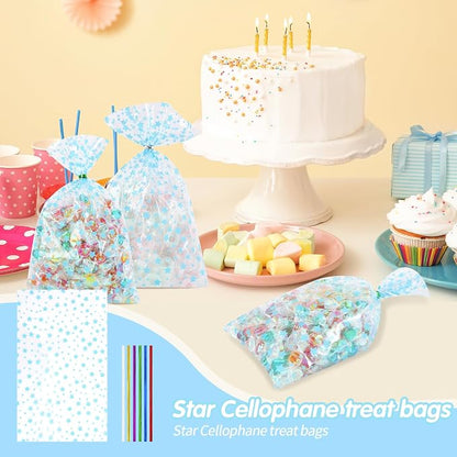 COQOFA 100 Pcs Blue Star 5"X11" Gift Wrap Cello Cellophane Treat Bags Clear - Image 4