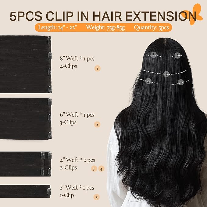 DOORES Clip in Hair Extensions Human Hair, 5pcs 75g 14 Inch Natural Black Real Human Hair Extensions Clip in Remy Straight Natural Hair Extensions