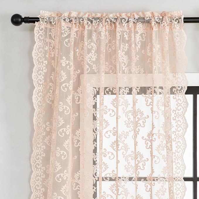 Blush Pink Lace Curtains 63 Inch Length 2 Panels set Victorian Floral Curtains - Image 4