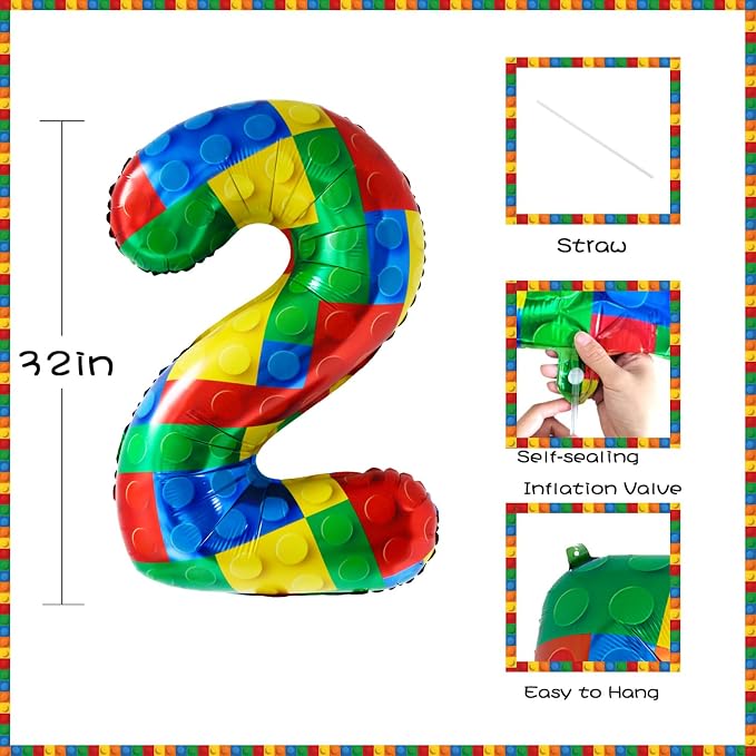 32 Inch Stackable Block Number Balloon – Colorful Brick Building Themed Big - Image 2