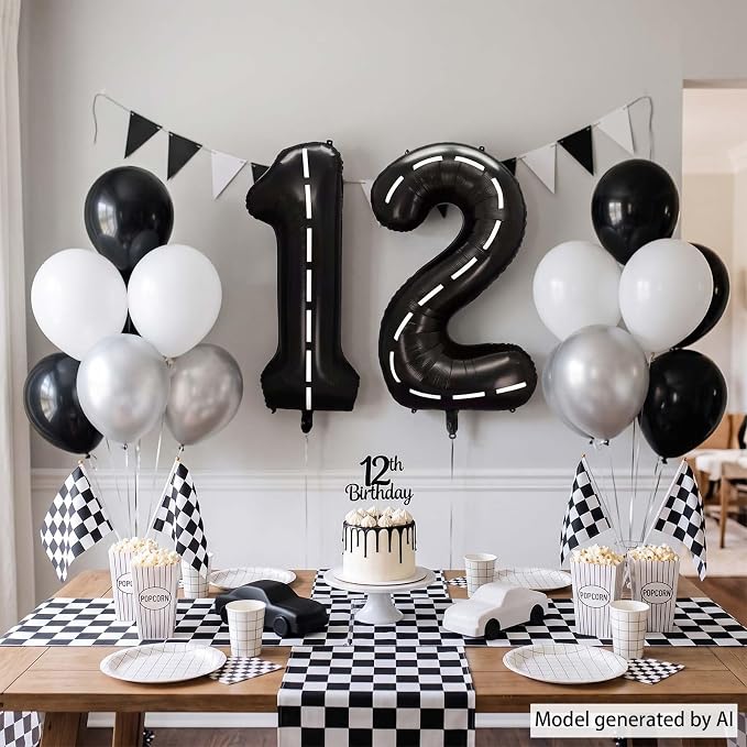 Black and White Stripes Number 12 Balloon 40 Inch, Foil Road Numeral | - Image 3