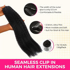 Lashey Seamless Clip in Hair Extensions Human Hair 130g 9pcs #1 Jet Black 16 Inch Kinky Straight Clip in Hair Extensions Real Human Hair with Flat PU Invisi Edge Full Pack