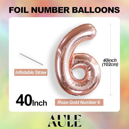AULE 40 Inch Rose Gold 6 Balloon Number Foil 0-9 Birthday Big Numbers | - Image 3