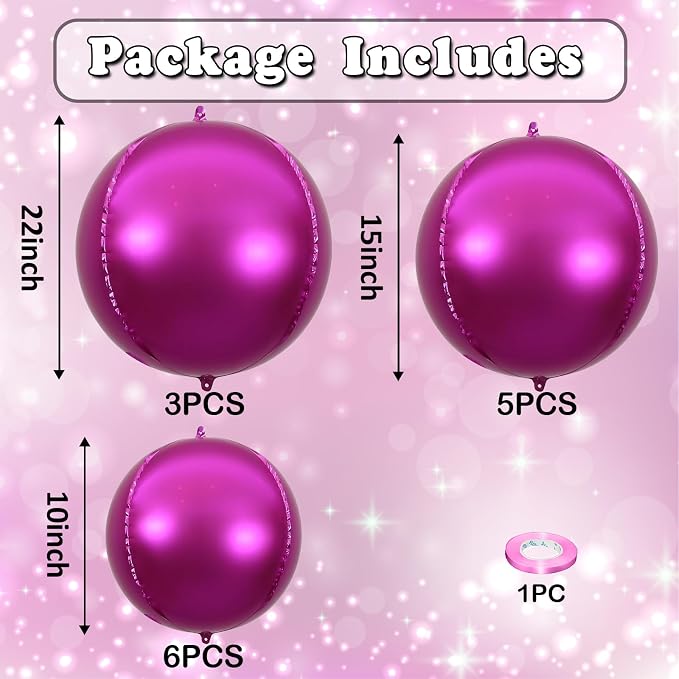 14 Pcs Hot Pink Round Foil Balloons 22/15/10 4D Ball Balloons Metallic Pink - Image 2