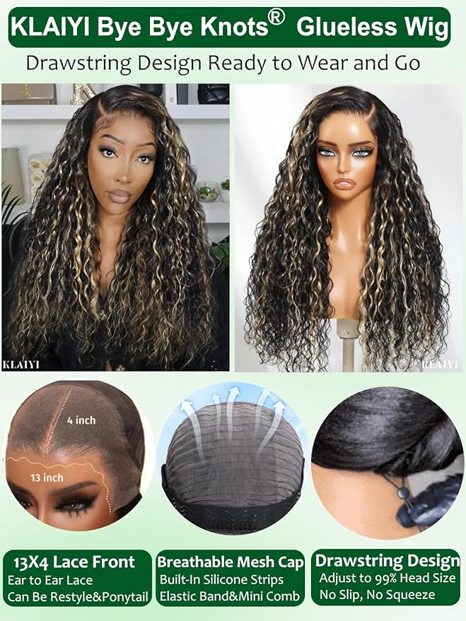 KLAIYI Ombre Highlight Blonde Water Wave Glueless Pre Everything 13x4 Lace Front Wigs Human Hair Drawstring Pre Plucked Pre Bleached Bye Bye Knots Curly Wig with Dark Roots Ready to Wear and Go 16Inch