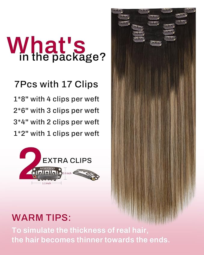 Moresoo Clip in Extensions Real Human Hair Balayage Remy Straight Double Weft Clip in Human Hair Extensions for Fashion Women Party Ombre Dark Brown to Golden Brown with Dark Ash Blonde 7Pcs 120G 16in