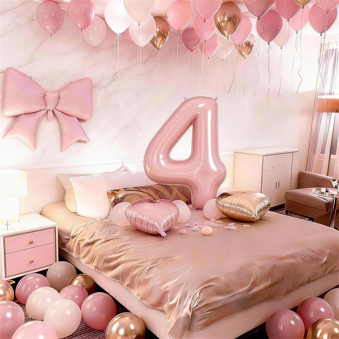 Pink 4 Balloon Number 40 Inch, Dusty Blush Pink Gold Sand White Latex Balloons - Image 4