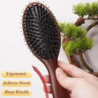 Lindale Boar Bristle Hair Brush for Women Men, Natural Black Zelkova Wooden Bristles Detangler Paddle Hairbrush for Hair Growth Beard, Reduces Static for Curly Hair with Ergonomic Handle