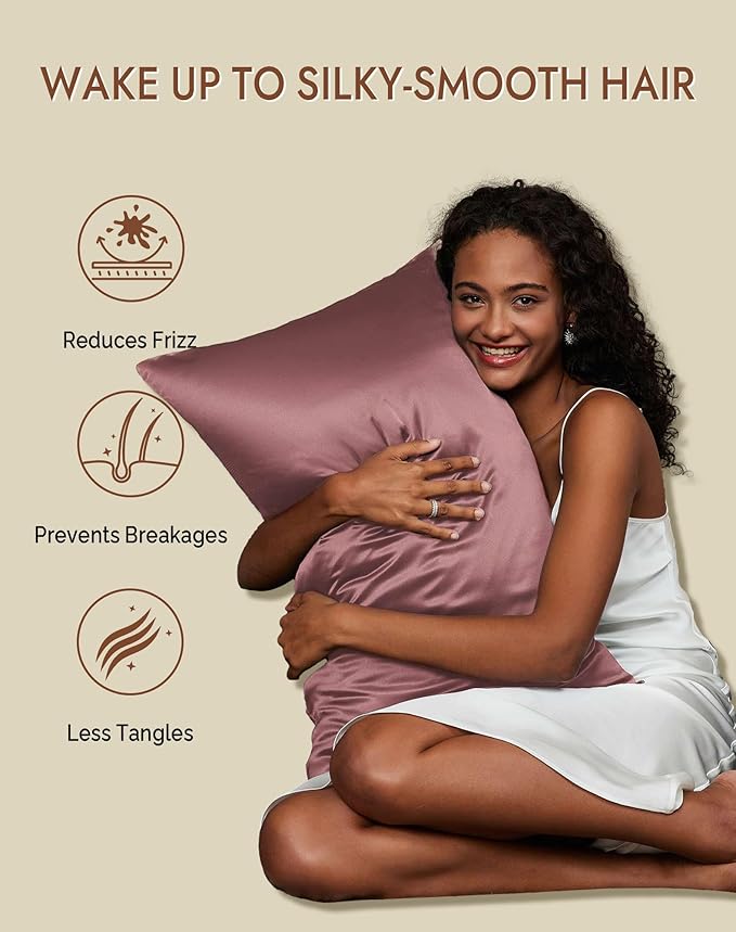 SilkSilky 100% Mulberry Silk Pillowcase - Pure 22 Momme High-Grade 6A Fibers for Hair & Skin, Envelope Closure, Natural, Organic, Breathable & Cooling Pillow Case (Queen, Pale Mauve)