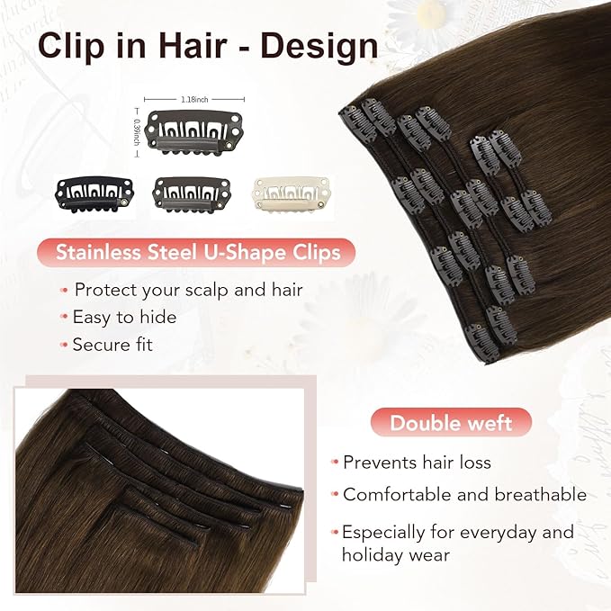 XDhair Clip in Hair Extensions 120G 6pcs Medium Brown Clip in Hair Extensions Real Human Hair Double Weft for Women #4 20 Inch