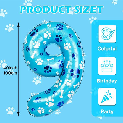 40 Inch Blue Dog Paw Birthday Balloons, Number 9 Balloons - Image 2