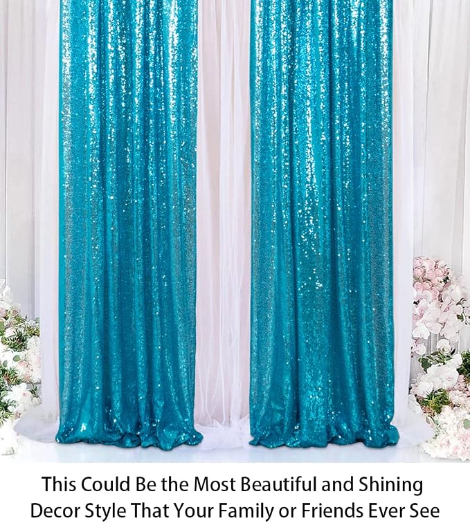 ShinyBeauty Sequin Curtains 2 Panels Turquoise 2FTx8FT Sequin Photo Backdrop - Image 4