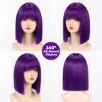 Allbell Deep Purple Wigs for Women Short Bob with Bangs Heat Resistant Synthetic Hair 12 inch for Daily Party Halloween Costume Use