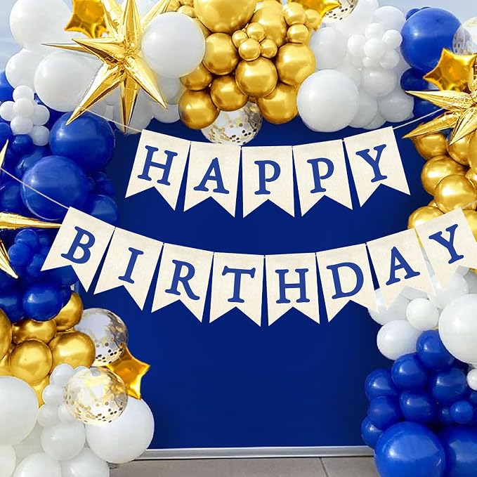 Blue Happy Birthday Banner Pre-strung Burlap Bunting Party Backdrop Sign - Image 4