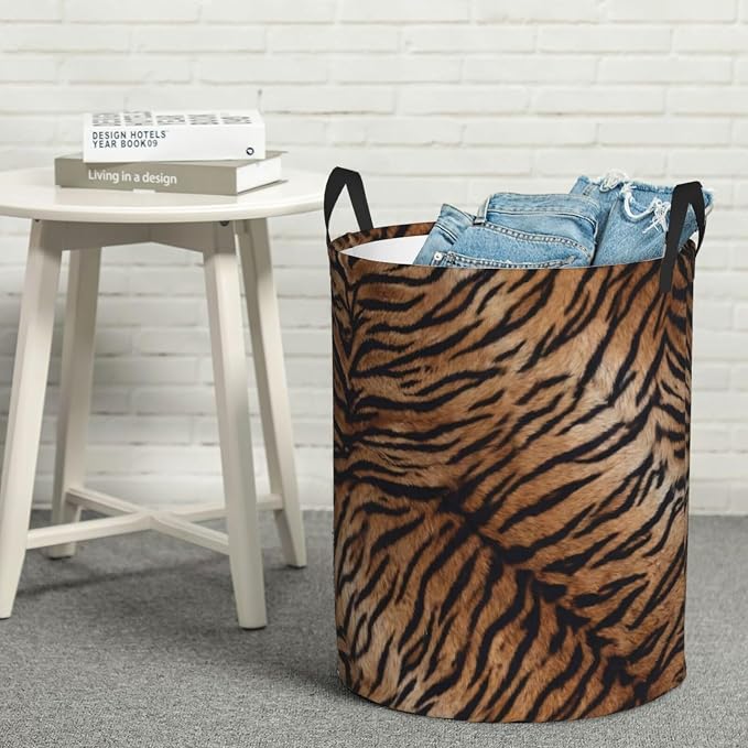 Tiger Texture Round Laundry Hamper Natural Animal Skin Print Storage Basket - Image 7
