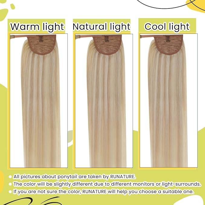 RUNATURE Blonde Human Hair Ponytail Extension, Long Ponytail Extension Real Human Hair 20 Inch, Ponytail Hair Extensions With Magic Paste, Remy Natural Hair, 80g #18P613 Ash Blonde Highlight