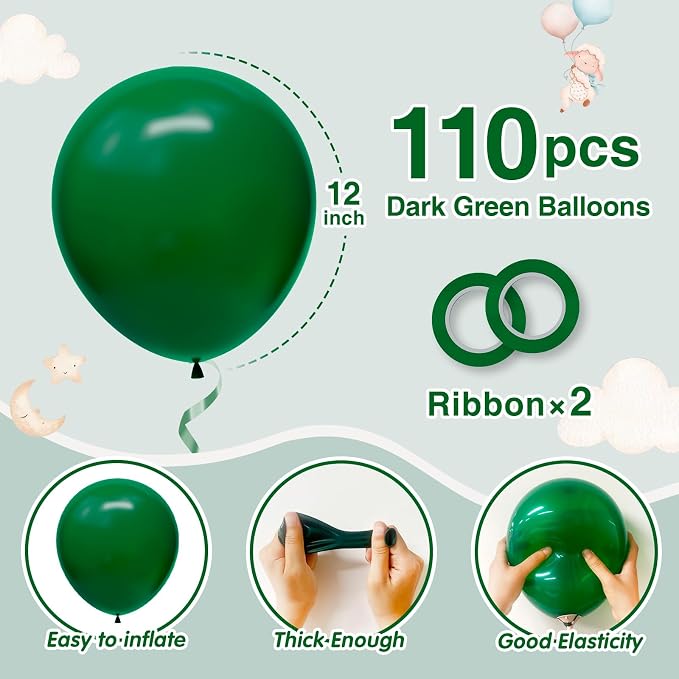 110pcs Dark Green Balloons 12 Inch Green Latex Balloon Arch Kit - Image 2