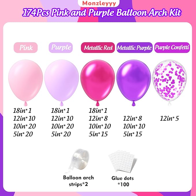 174Pcs Pink and Purple Balloons Garland Arch Kit -18 12 10 5 Inch Different - Image 2