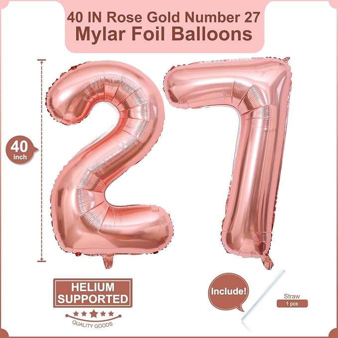 40 Inch Rose Gold 27 Balloons Giant Number 27 Balloons Rose Gold 27 Birthday - Image 2