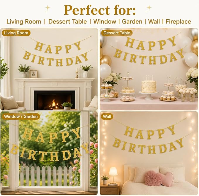 Happy Birthday Banner Gold Glitter Birthday Party Banner Pre-Strung | Happy - Image 3