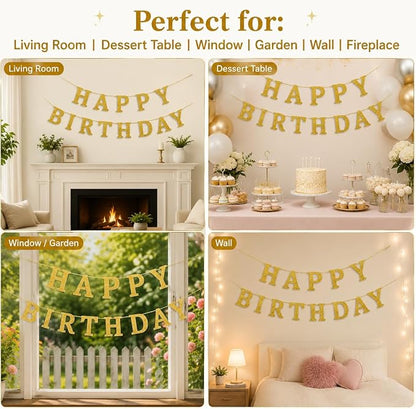 Happy Birthday Banner Gold Glitter Birthday Party Banner Pre-Strung | Happy - Image 3