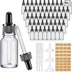 Lallisa 100 Pack Essential Oil Dropper Bottle 15 ml (1/2 Oz) Glass Dropper Bottles DIY for DIY Essential Oil Perfume with 5 Funnels 5 Pipettes 3ml 100 Labels for Bathrooms, Hotels, Labs (Clear)
