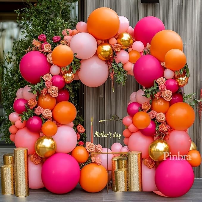Pink Orange Balloon Garland Double Stuffed Hot Pink Orange Gold Metallic Pastel by Pinbra