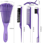 Hair Brush Set for 3a,4c,Wig/Thick/Wavy/Curly/Slick Back Hair Brushes,Rat Tail Combs,8-Row,Edge Brush,For Detangling,Braiding,Teasing,Parting,Styling,Kids,Girls,women(Purple)