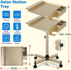 Salon Rolling Tray on Wheels with Adjustable Height - Salon & Spa Service Tray for Hair Stylist, Tattoo & Dental Use (Gold)