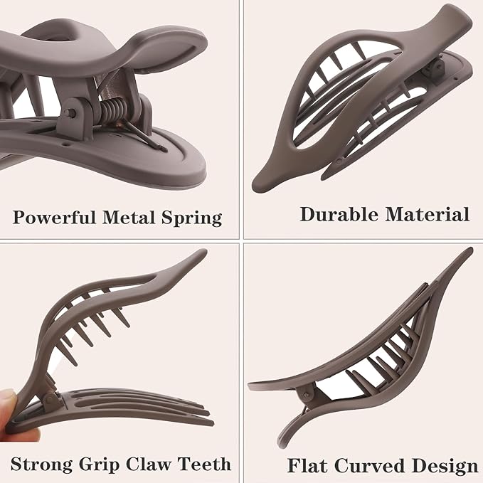 6 PCS Flat Hair Clips, French Lay Flat Claw Clips for Women Girls, 3 Styles Strong Hold Non-slip Matte Hair Claws for Thin Thick Hair(Brown&White)