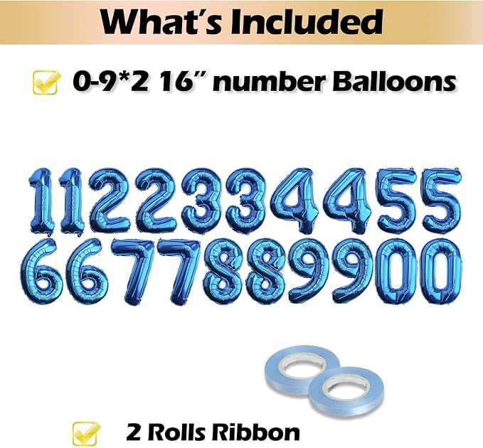 20 Pcs Blue 16" Number Balloons 2 Sets 0-9 Foil Balloon Numbers Décor | Glossy - Image 3