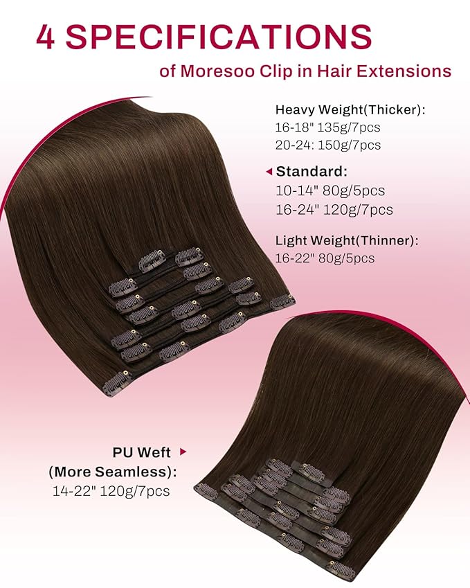 Moresoo Brown Seamless Clip in Hair Extensions Human Hair Medium Brown Hair Extensions Clip ins Long for Women Pu Skin Double Weft 120g/7pcs 20 inch