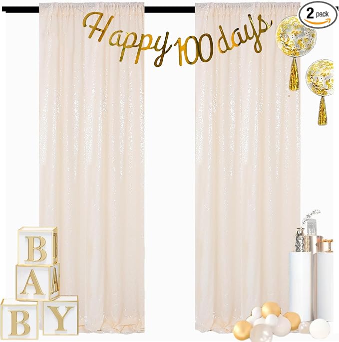 ShinyBeauty Ivory Sequin Backdrop 2 Pieces Photograph Backdrops 7FTx7FT Beige by ShinyBeauty