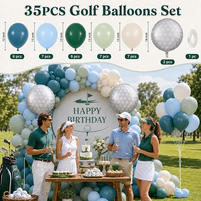 Golf Party Balloons, 12 Inch Retro Blue Dark Light Green and White Latex - Image 2