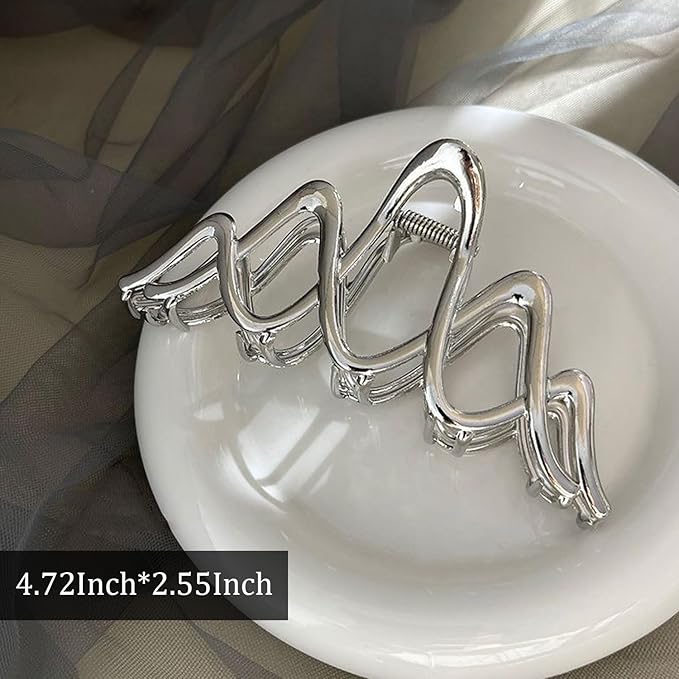 Silver Metal Wavy Hair Clip, 1Pcs 4.52Inch Wave Hair Clip for Thick Hair, Non-Slip Strong Hold Grip Hair Jaw Clip, Ideal for All Occasions