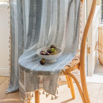 Boho Curtains for Bedroom Embroidery Striped Farmhouse Linen Curtains 63 Inch - Image 3