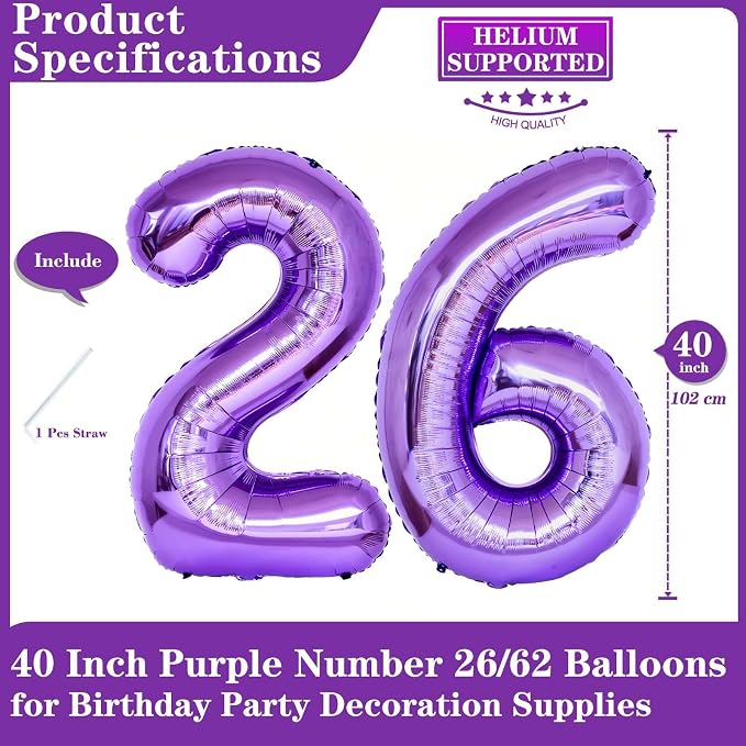 Purple 26 Number Balloons, 40 Inch Giant Number 26 Balloons Foil Mylar Helium - Image 2